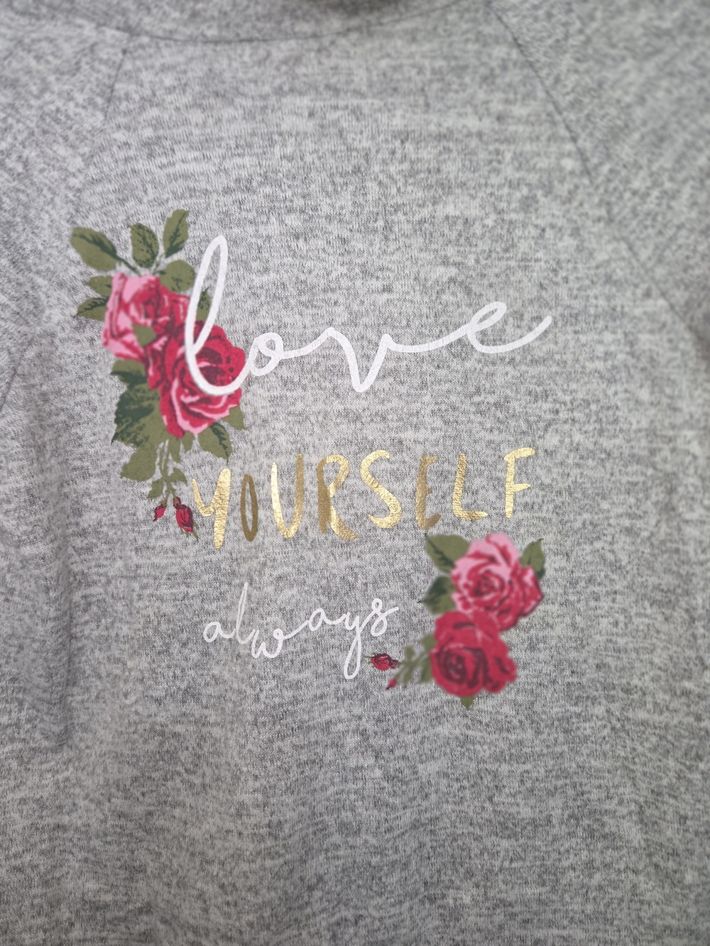 Self Esteem Gray Sweatshirt with Pink Rose and Gold Script